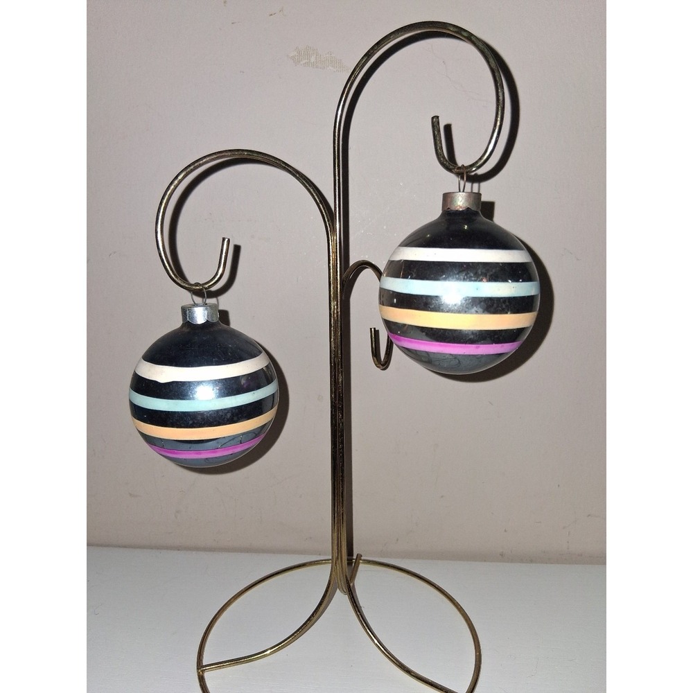 Vintage USA Glass Christmas Ornaments Striped Ball Pair 2.5" MCM